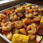 Close-up of a delicious oven shrimp boil featuring seasoned shrimp, sausage, corn on the cob, and potatoes on a metal tray.