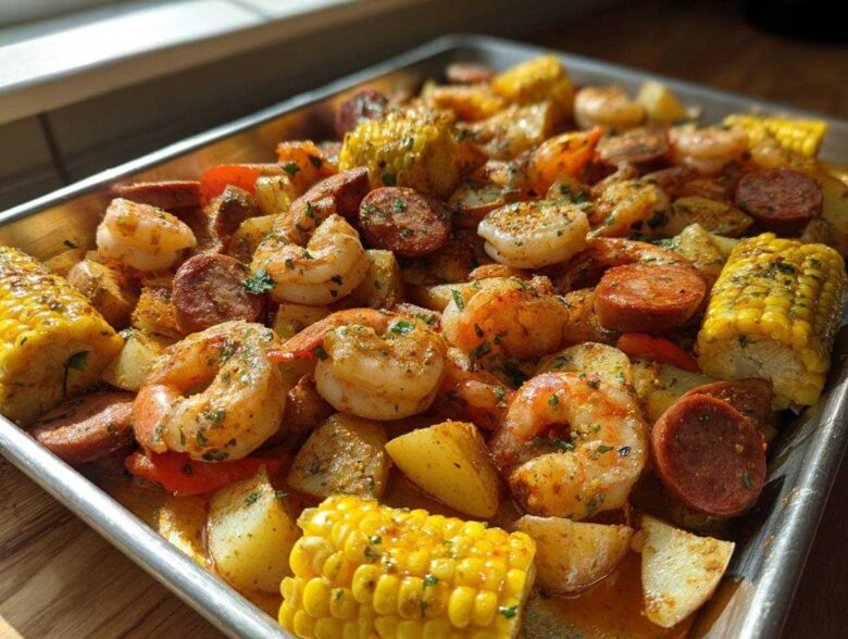 Close-up of a delicious oven shrimp boil featuring seasoned shrimp, sausage, corn on the cob, and potatoes on a metal tray.