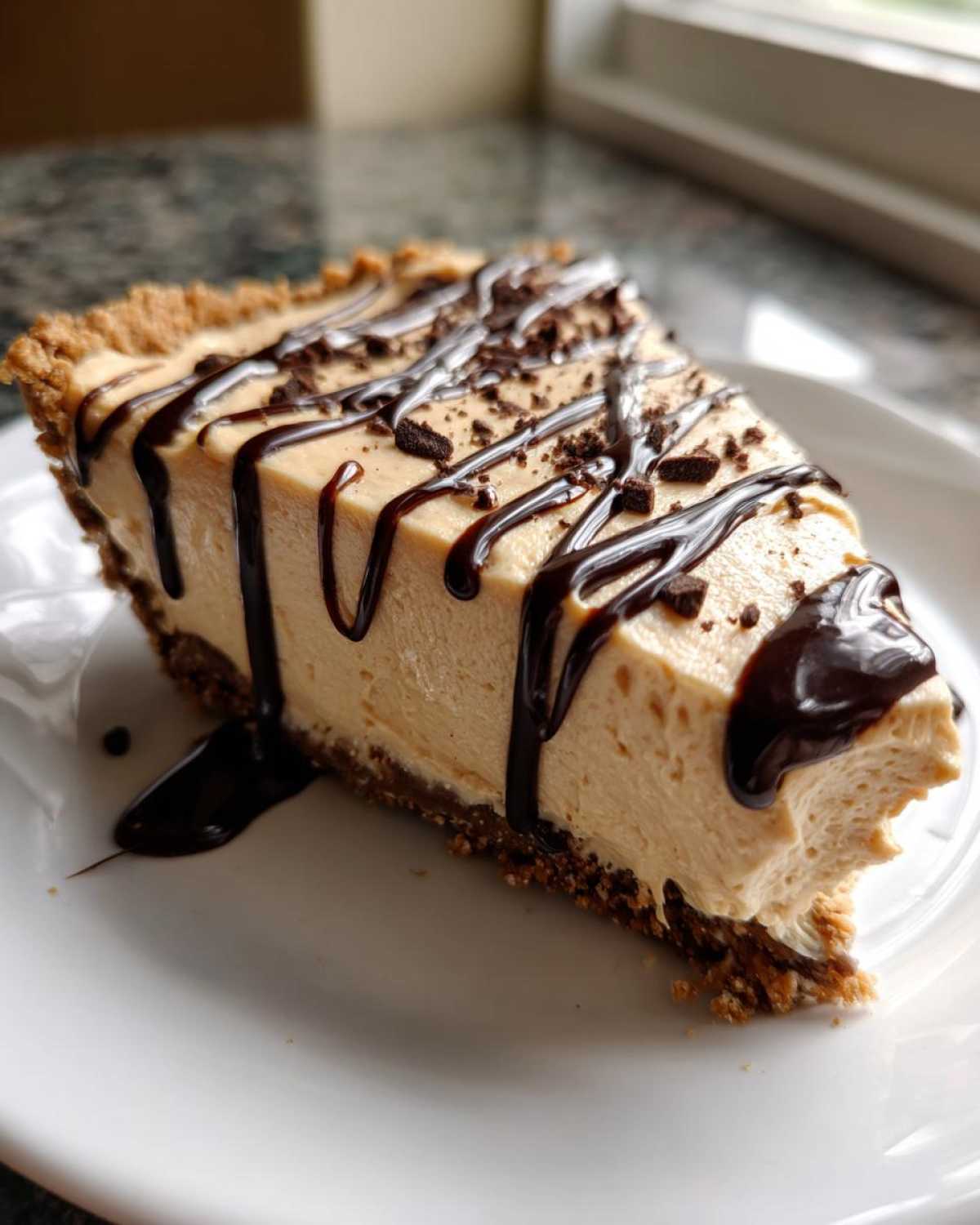 A decadent slice of no-bake peanut butter pie with a graham cracker crust, topped with chocolate syrup drizzle and crumbles.