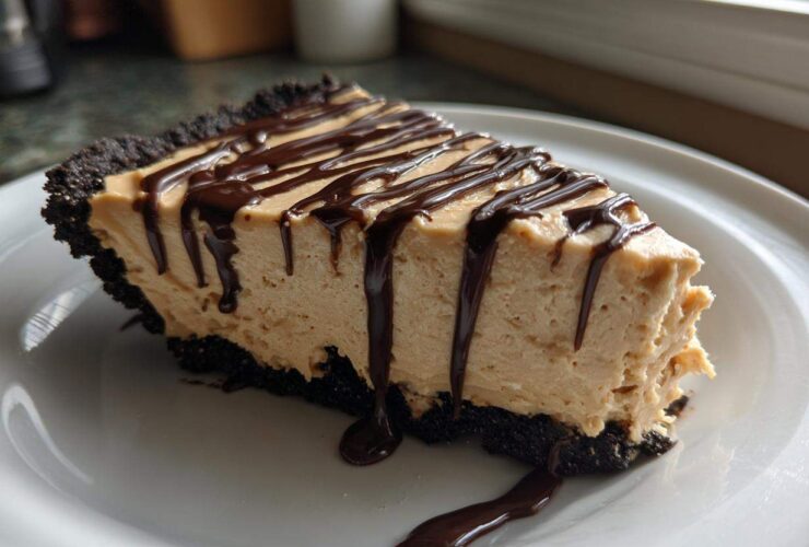 A decadent slice of no-bake peanut butter pie with a dark crust, topped with chocolate syrup drizzle.