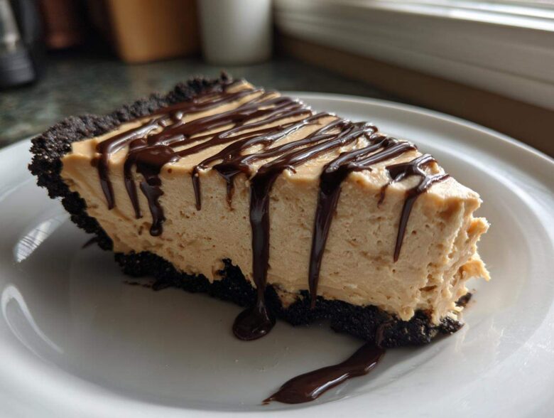 A decadent slice of no-bake peanut butter pie with a dark crust, topped with chocolate syrup drizzle.