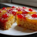 A slice cut from an amazing pineapple upside down cake, showing caramelized topping and moist cake base.