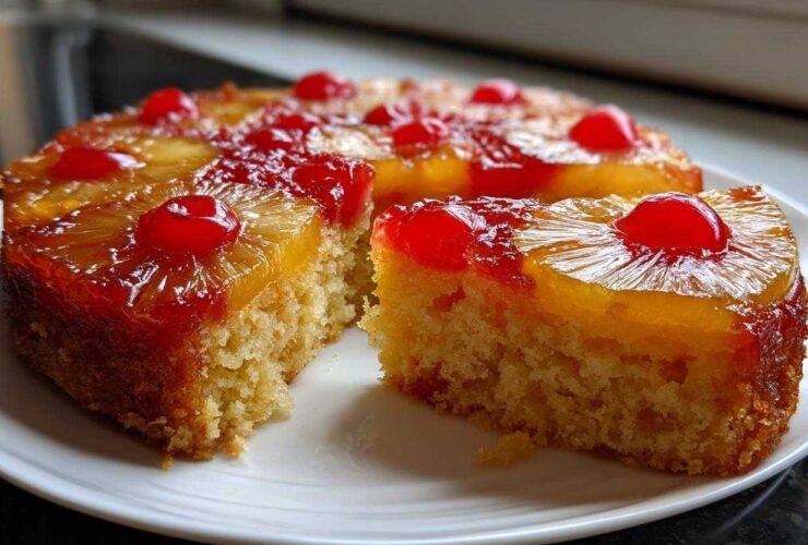 A slice cut from an amazing pineapple upside down cake, showing caramelized topping and moist cake base.