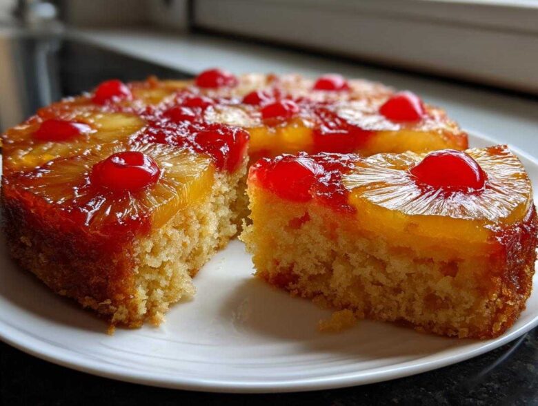 A slice cut from an amazing pineapple upside down cake, showing caramelized topping and moist cake base.