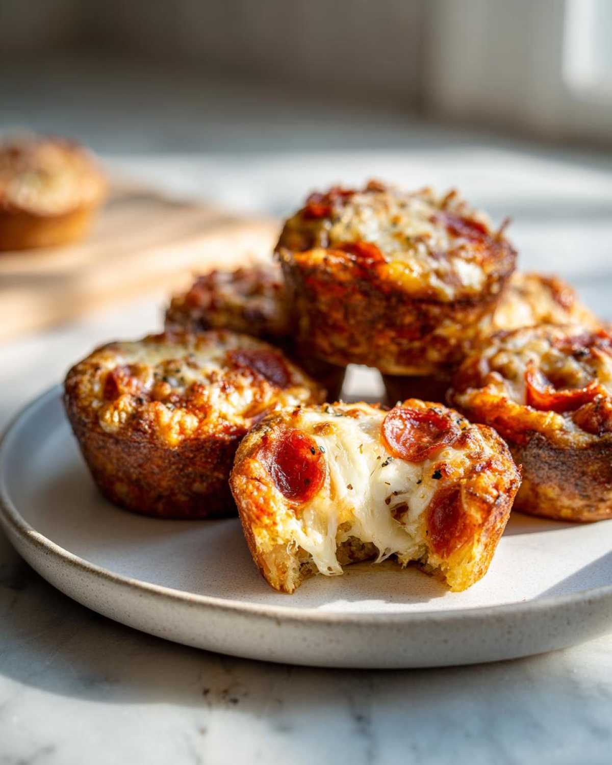 Close-up of several golden brown pizza muffins, one bitten into showing a dramatic cheese pull, featuring pepperoni slices.