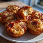 A plate of freshly baked, golden brown Pizza Muffins topped with melted cheese, pepperoni slices, and herbs.