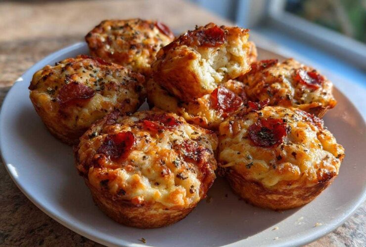 A plate of freshly baked, golden brown Pizza Muffins topped with melted cheese, pepperoni slices, and herbs.