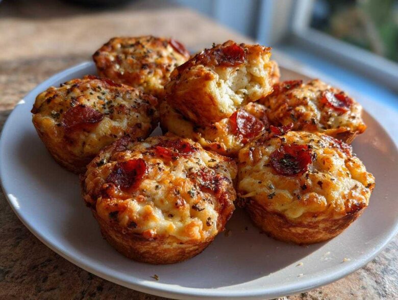 A plate of freshly baked, golden brown Pizza Muffins topped with melted cheese, pepperoni slices, and herbs.