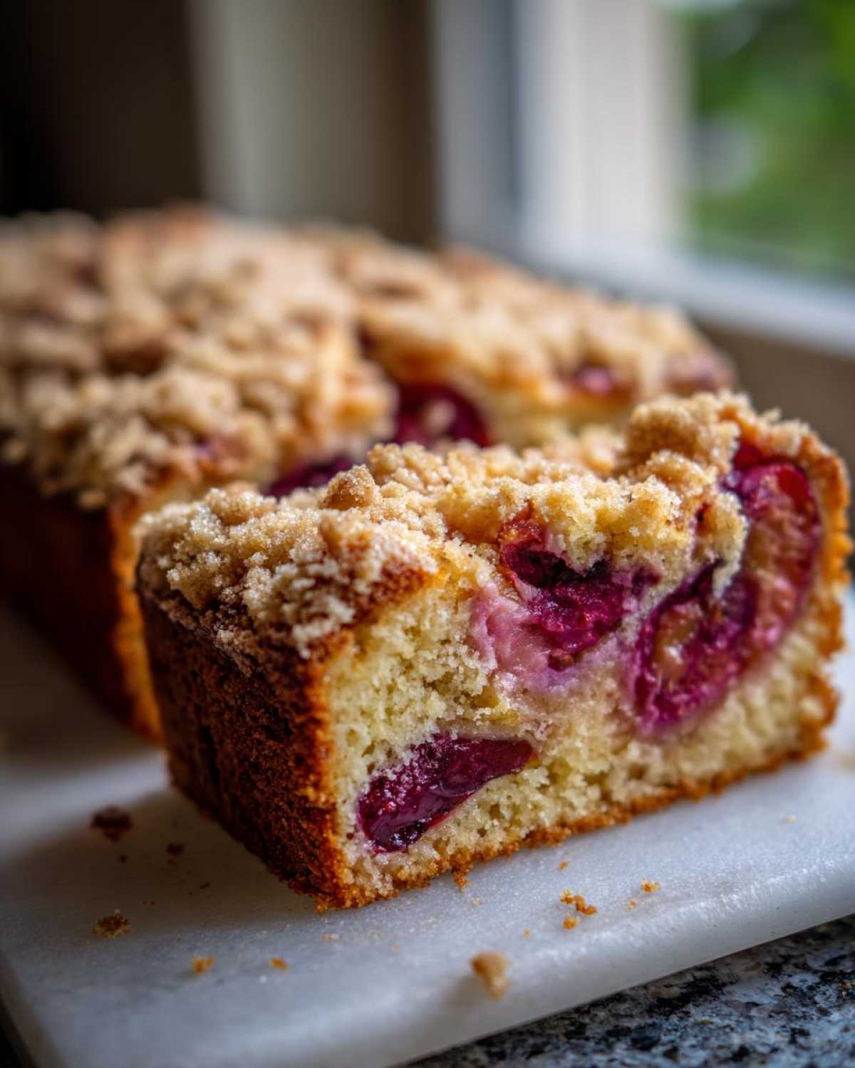 A close-up shot of a moist slice of plum cake featuring visible baked plums and a crumbly streusel topping.