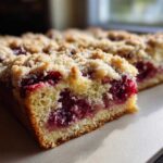 Close-up of a moist slice of plum cake featuring bright red fruit filling and a crumbly streusel topping.