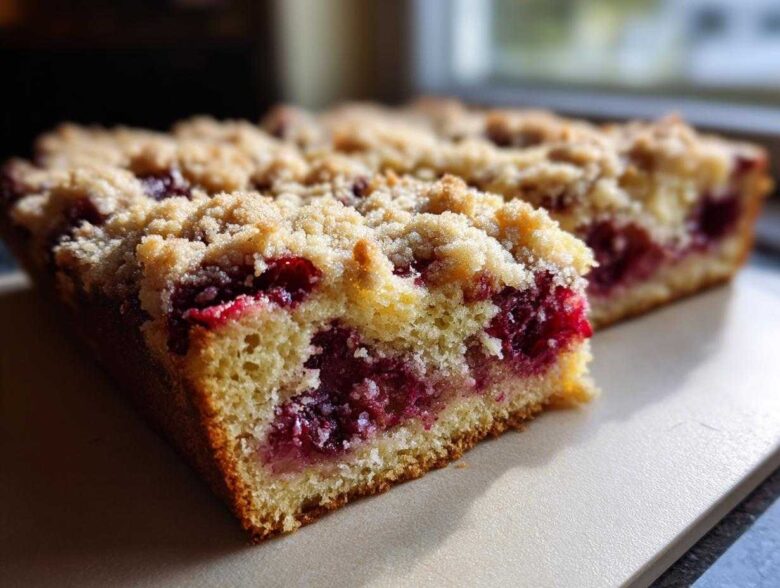 Close-up of a moist slice of plum cake featuring bright red fruit filling and a crumbly streusel topping.