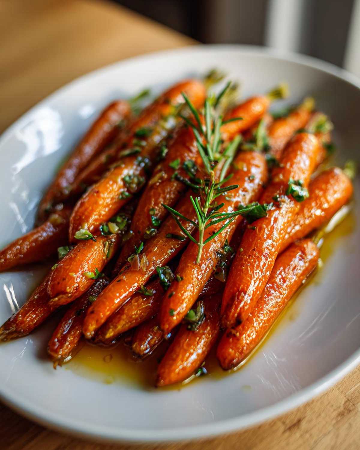 A close-up of glossy, glazed roasted baby carrots seasoned with herbs and garnished with fresh rosemary.