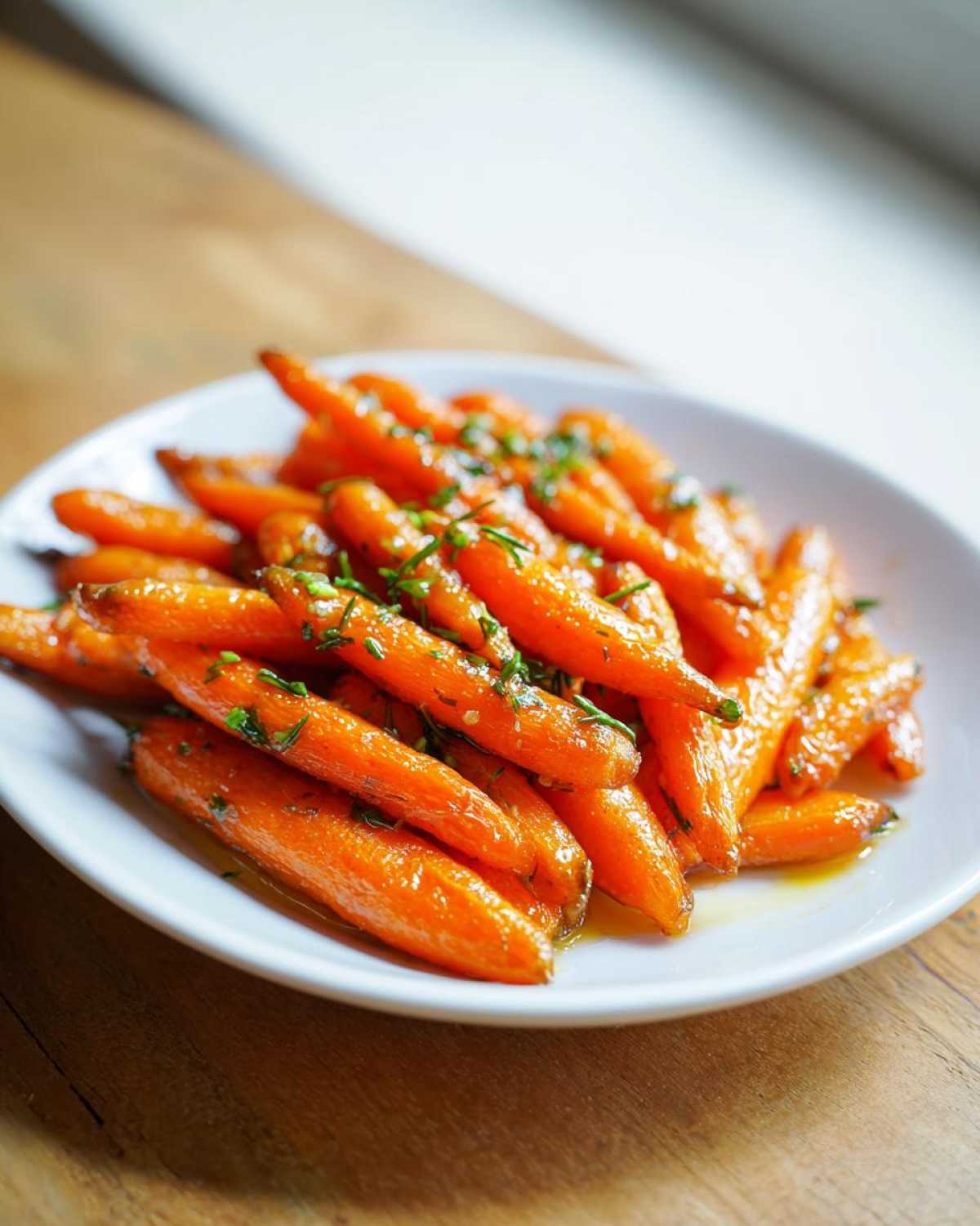 A close-up of perfectly glazed roasted baby carrots sprinkled with fresh green herbs on a white plate.