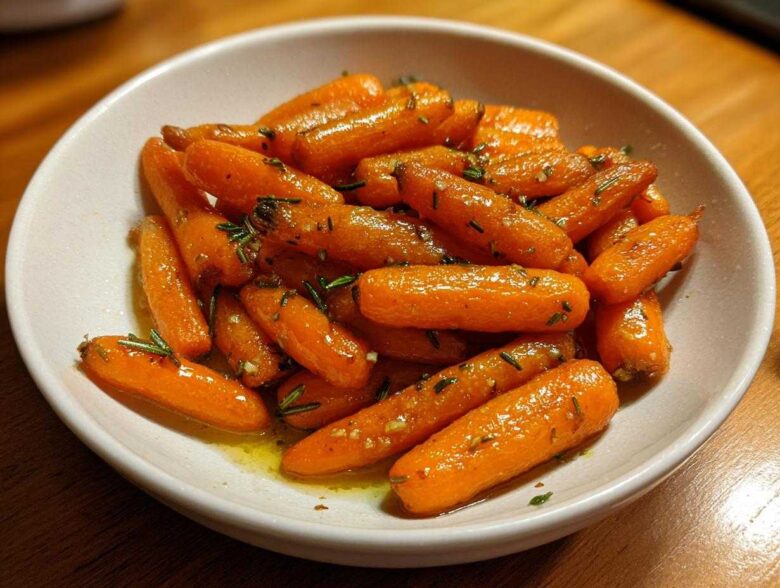 A close-up of glossy, bright orange roasted baby carrots seasoned with herbs and sitting in a light glaze in a white bowl.