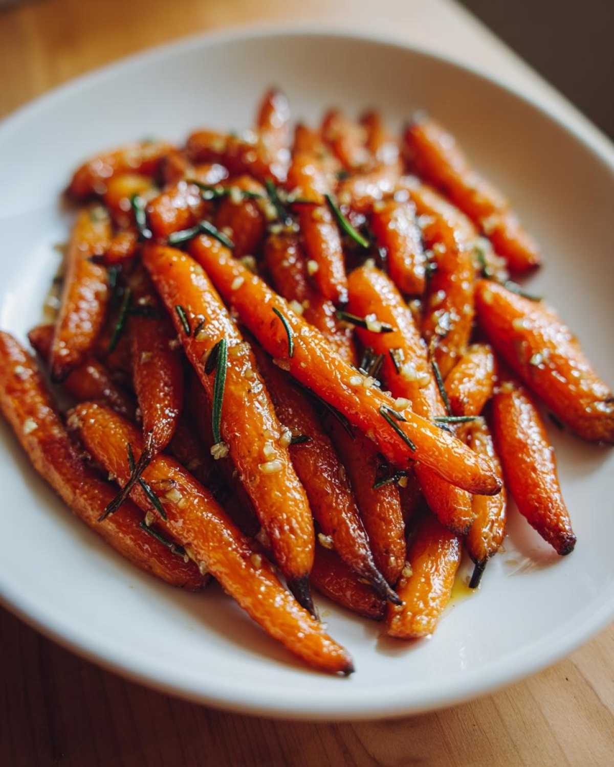 A white plate filled with glistening, caramelized roasted baby carrots seasoned with minced garlic and fresh rosemary.