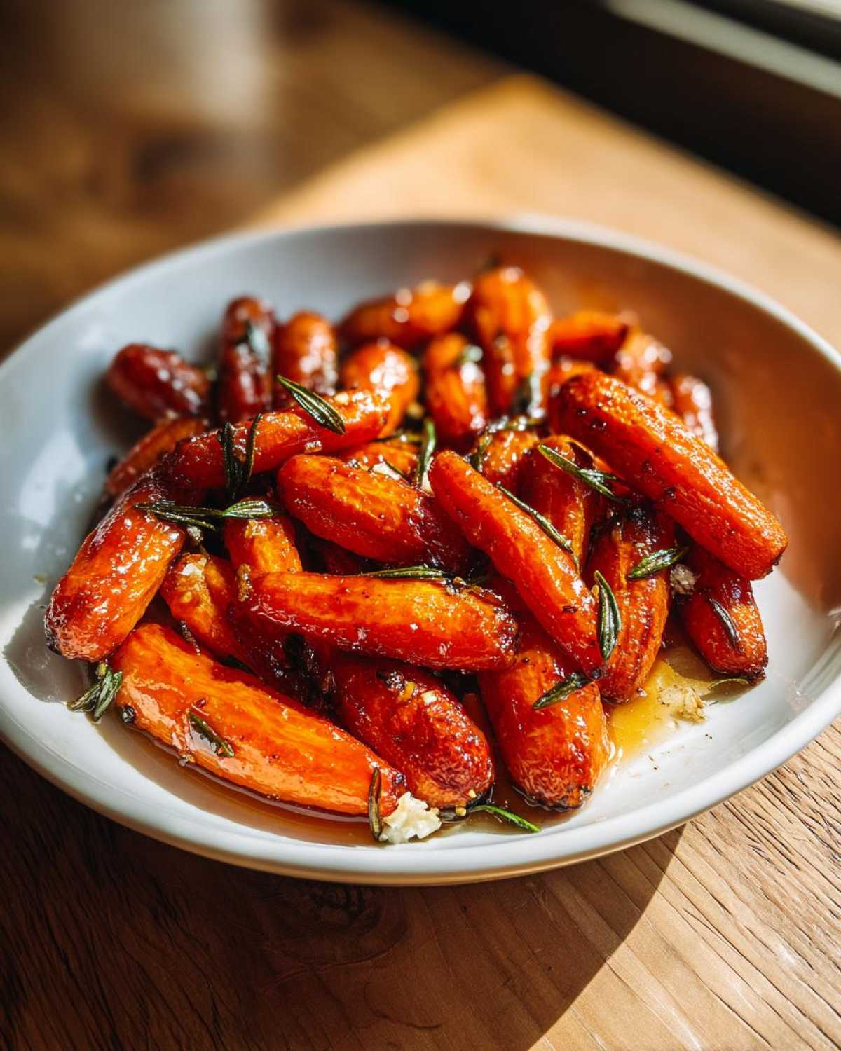 A white bowl filled with glossy, caramelized roasted baby carrots seasoned with fresh rosemary.
