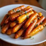 A close-up of glossy, glazed roasted baby carrots seasoned with fresh thyme on a white plate.