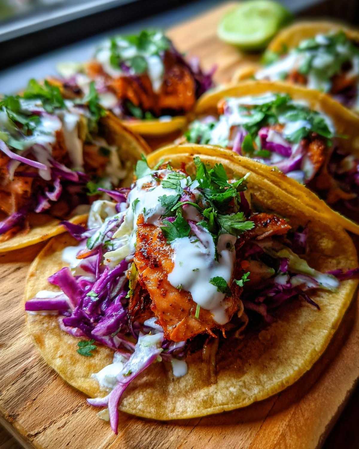 Close-up of delicious salmon tacos filled with seasoned salmon, purple cabbage slaw, and drizzled with white sauce.