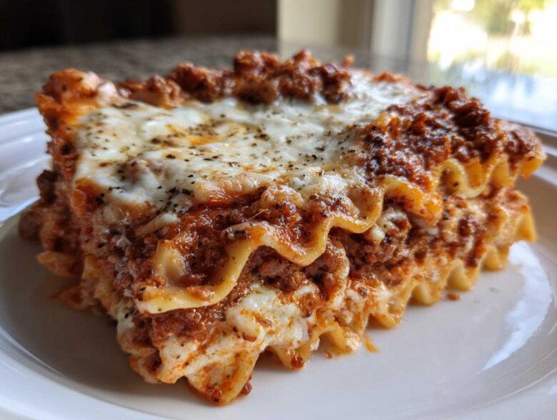 Close-up of a thick, layered slice of homemade lasagna with rich meat sauce and melted cheese topping.