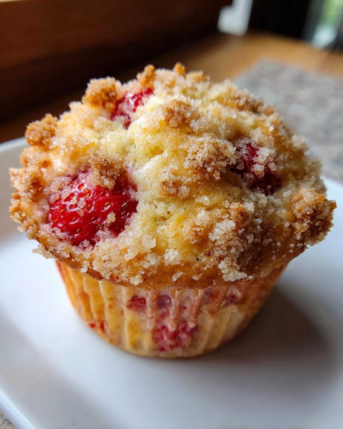 Close-up of a freshly baked strawberry muffin topped with a crunchy, sugary streusel topping.