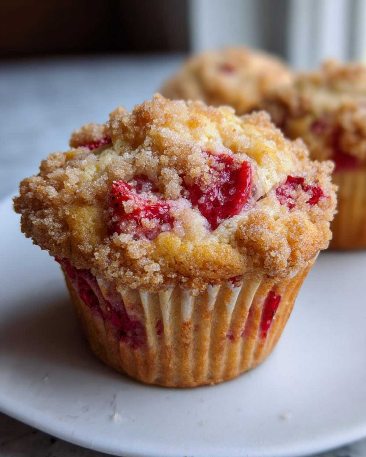 A close-up of a freshly baked strawberry muffin topped with a generous layer of brown sugar streusel.