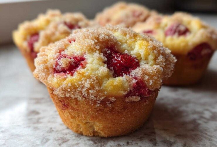 A close-up of freshly baked strawberry muffins topped with coarse sugar, showing bright red fruit inside.