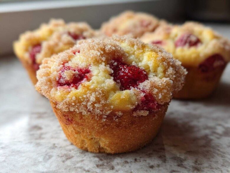 A close-up of freshly baked strawberry muffins topped with coarse sugar, showing bright red fruit inside.
