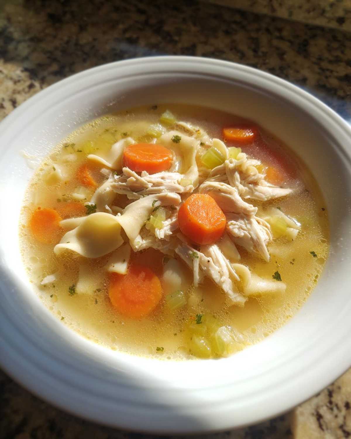 Close-up of a bowl of amazing turkey soup featuring shredded meat, egg noodles, and thick-cut carrots in a clear broth.