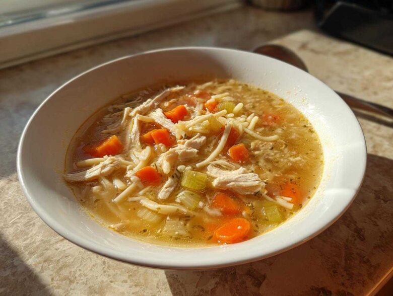 A white bowl filled with amazing turkey soup featuring shredded turkey, egg noodles, carrots, and celery, highlighted by sunlight.