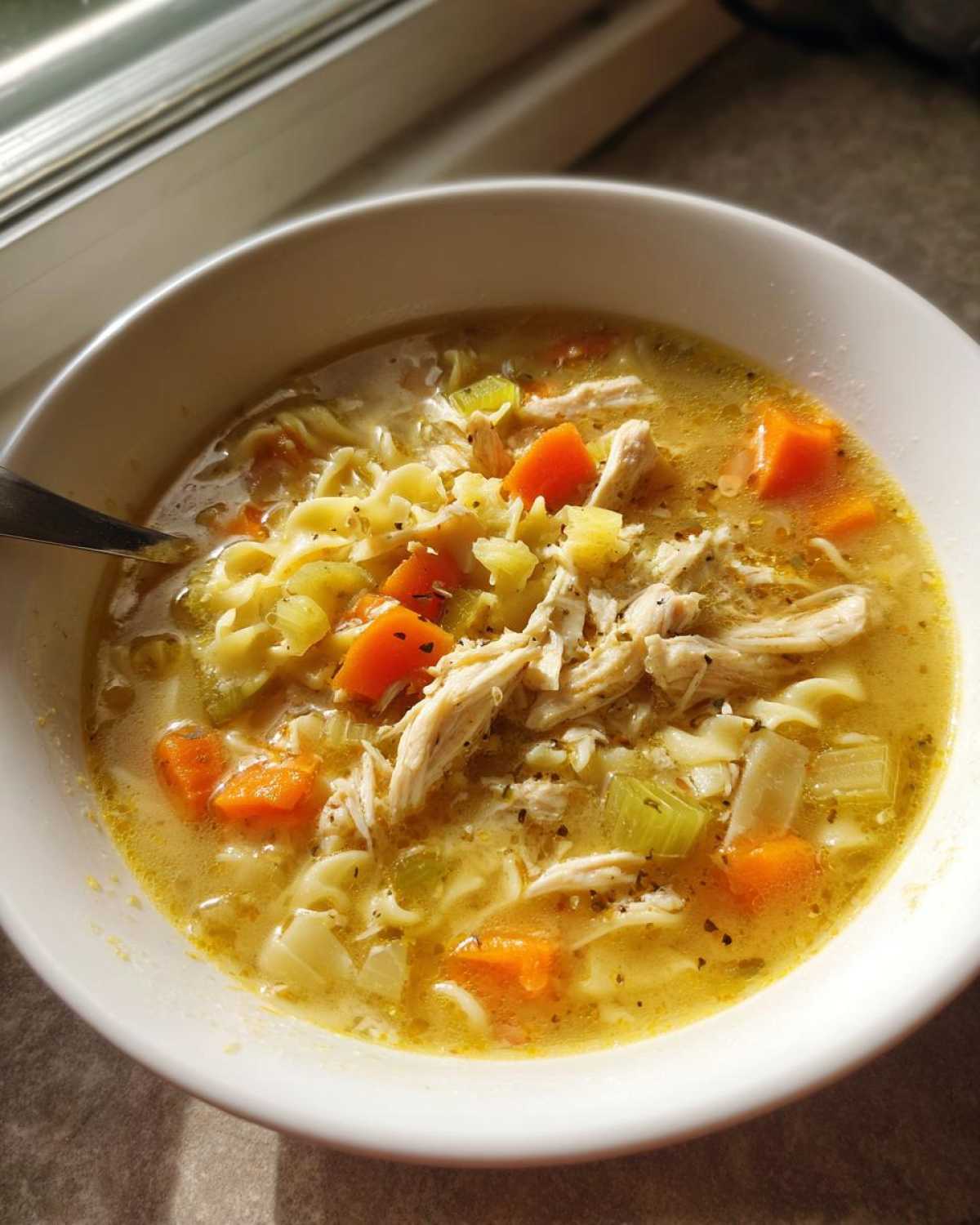 A comforting bowl of amazing turkey soup featuring shredded turkey, egg noodles, carrots, and celery in a rich broth.