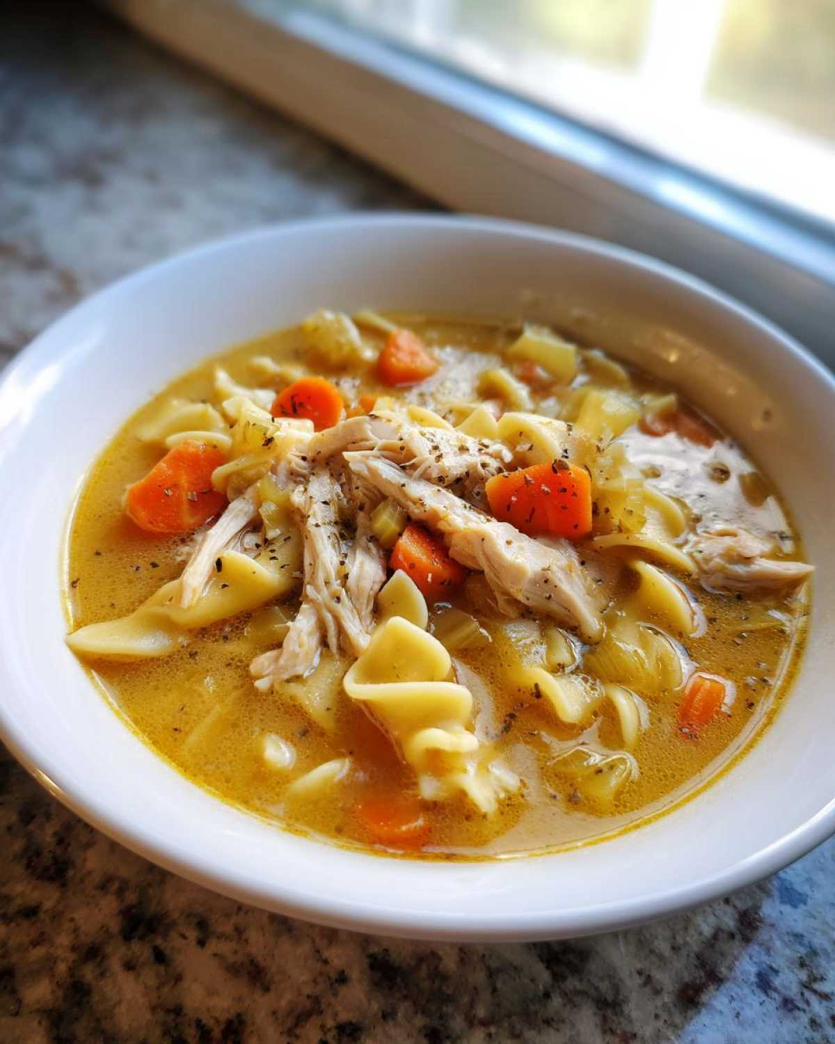 Close-up of a white bowl filled with amazing turkey soup, featuring shredded turkey, egg noodles, carrots, and herbs.