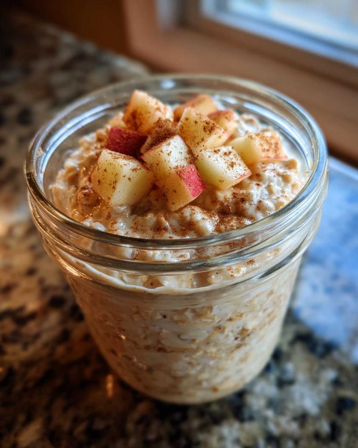 Close-up of apple cinnamon overnight oats in a glass jar, topped with fresh diced apples and a sprinkle of cinnamon.