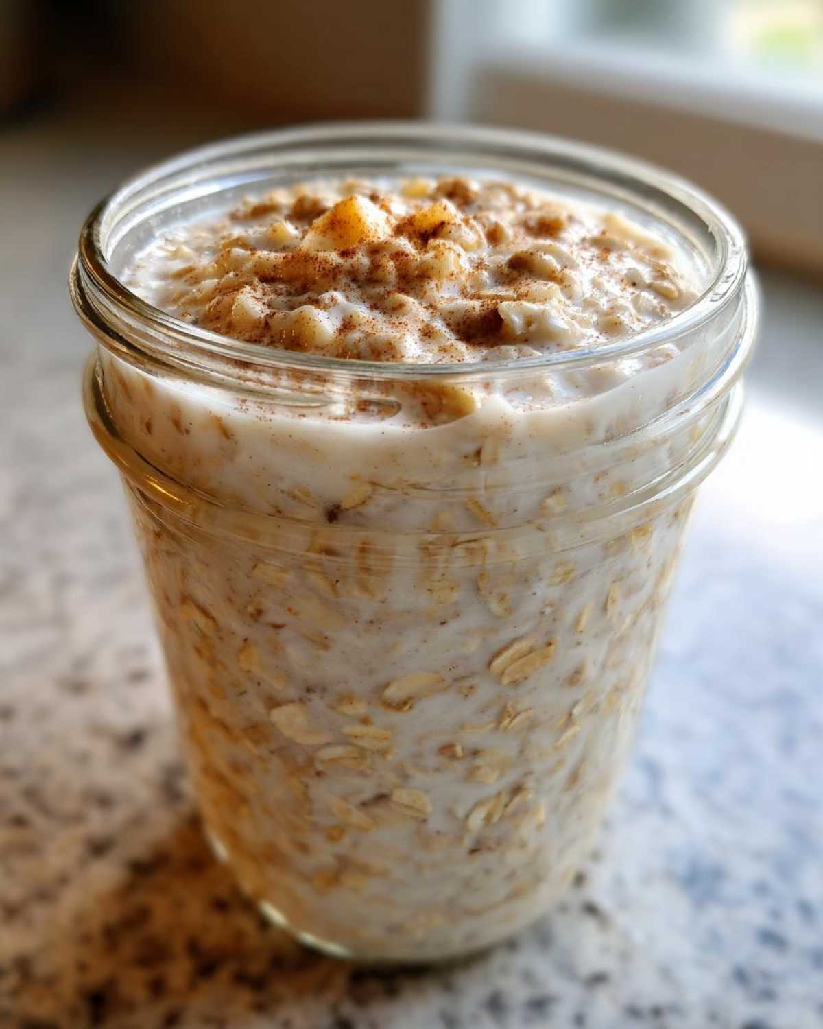 Close-up of apple cinnamon overnight oats soaking in milk inside a glass jar, topped with cinnamon.