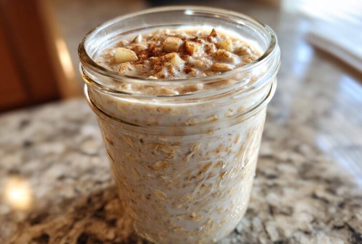 A glass jar filled with creamy apple cinnamon overnight oats, topped with diced apples and a sprinkle of cinnamon.