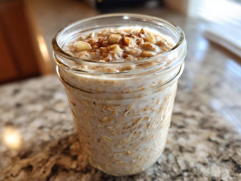 A glass jar filled with creamy apple cinnamon overnight oats, topped with diced apples and a sprinkle of cinnamon.