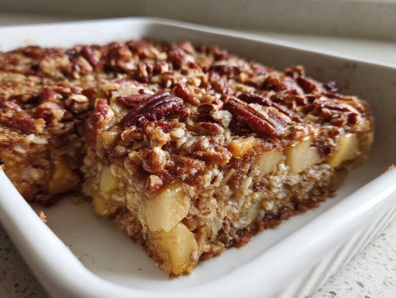 A thick slice of apple pecan baked oatmeal with a crunchy topping, sitting in a white baking dish.