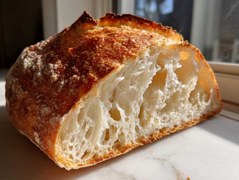Close-up of a freshly baked artisan bread loaf cut in half, showing an open, airy crumb structure and a deeply browned, blistered crust.