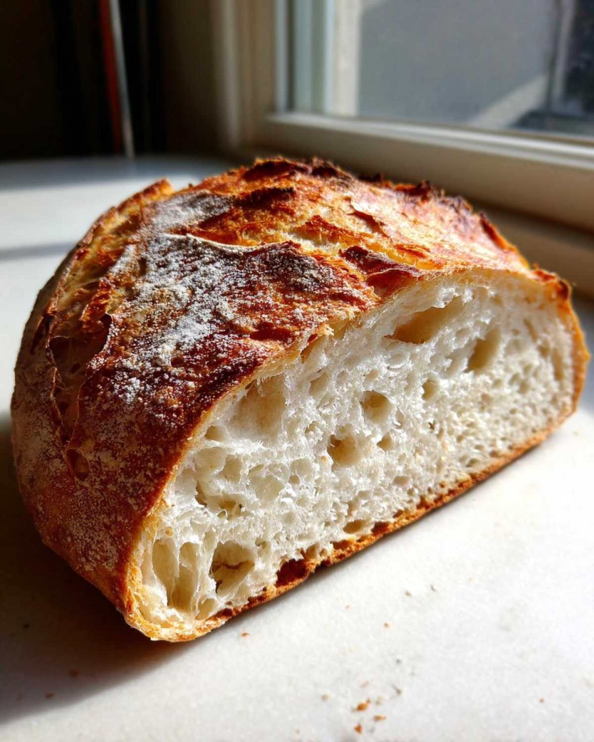 Cross-section view showing the open, airy crumb structure of a freshly baked artisan bread loaf.