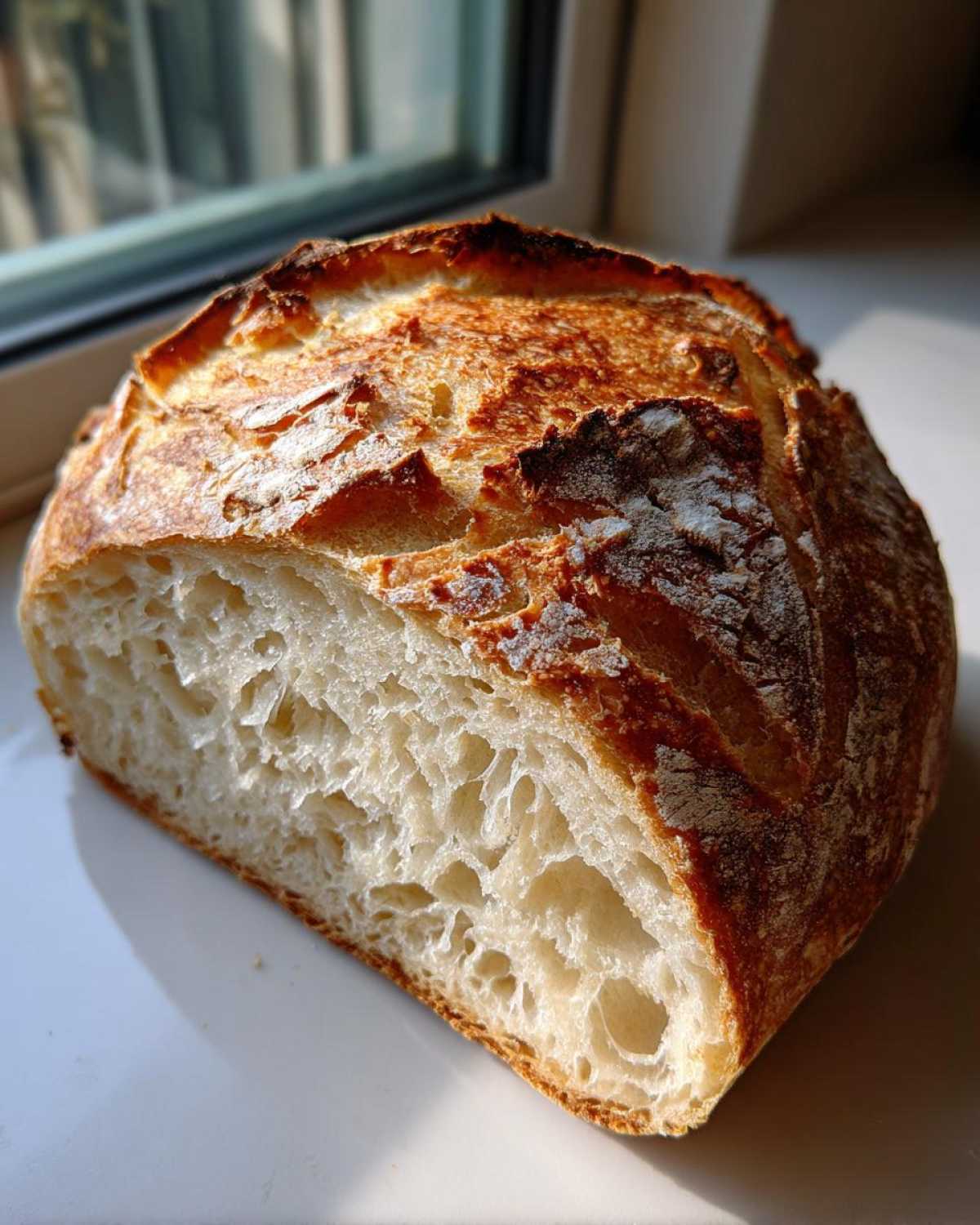 A close-up cross-section showing the open, airy crumb structure of homemade artisan bread with a deeply caramelized crust.