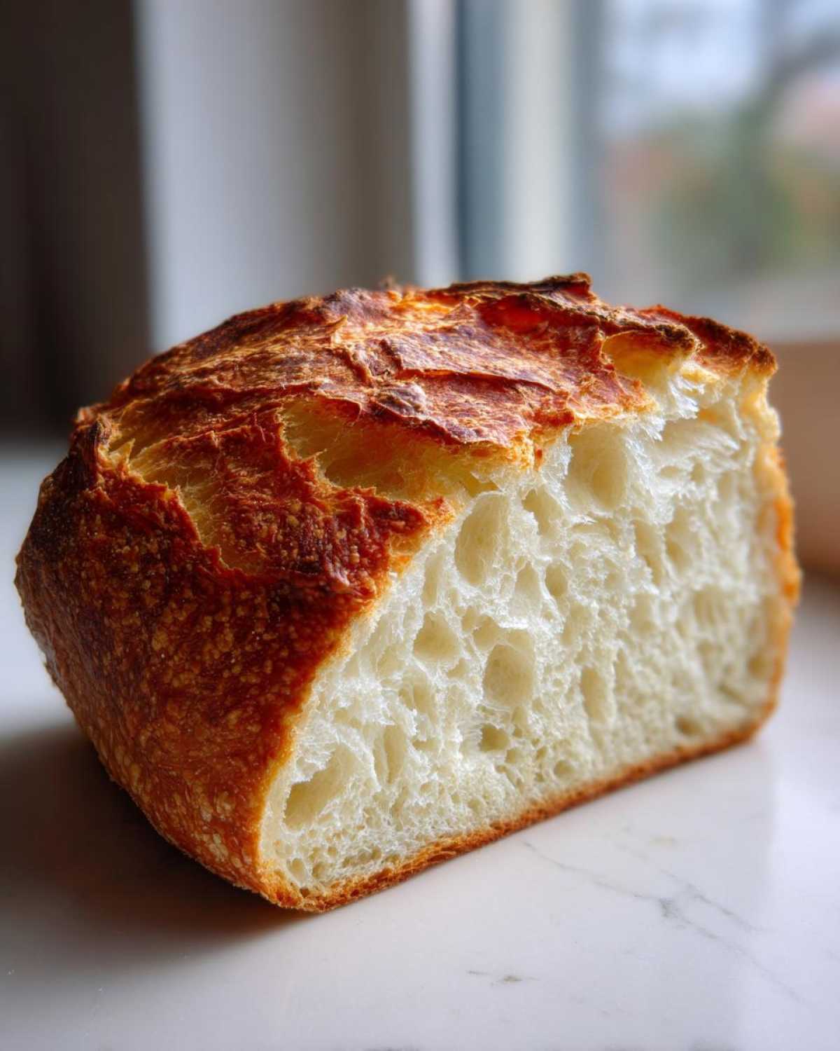 Close-up of a freshly baked artisan bread loaf cut in half, showing a deeply caramelized crust and an airy, open crumb structure.
