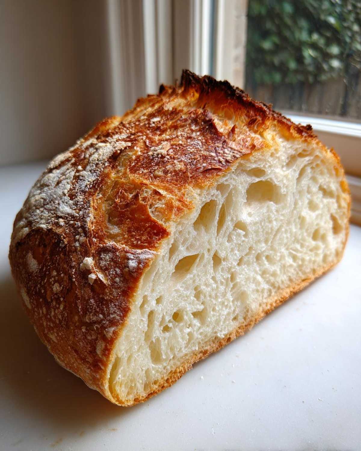 Close-up of a freshly baked artisan bread loaf cut in half, showing an open, airy crumb structure.