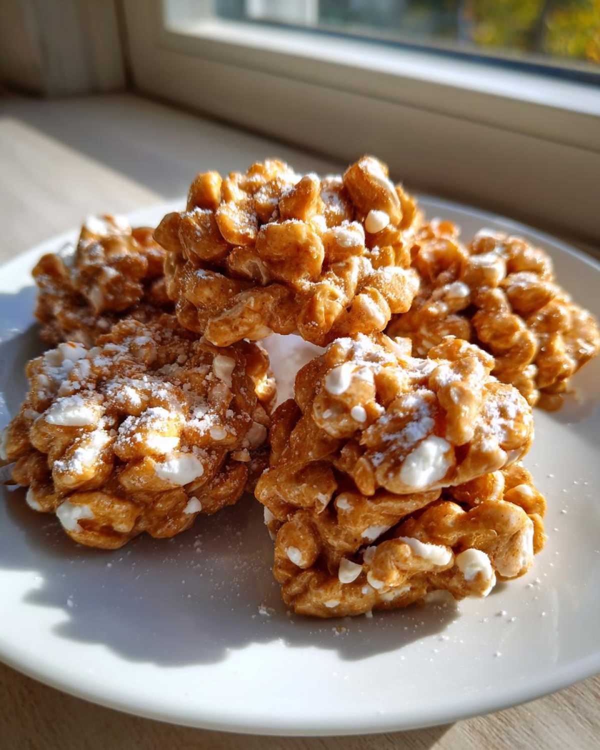 Close-up of several golden brown avalanche cookies mixed with white marshmallows, dusted with powdered sugar.