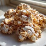 A pile of golden brown avalanche cookies dusted with powdered sugar, sitting on a white plate near a window.
