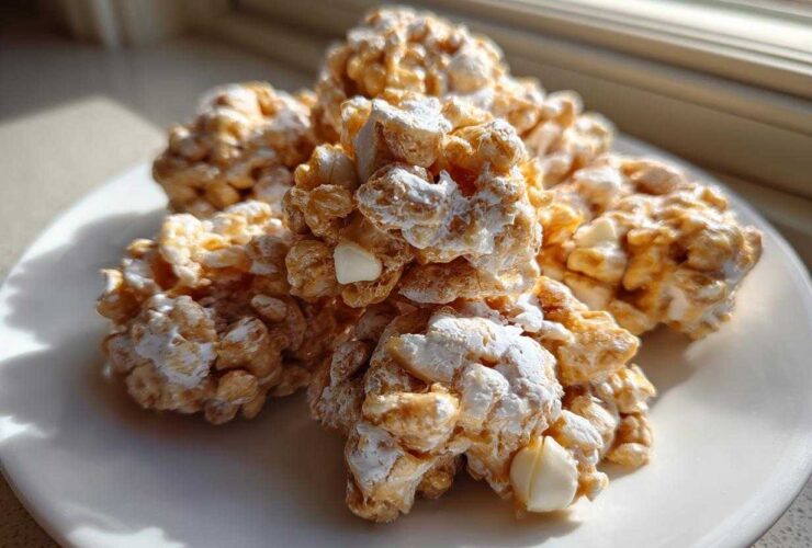 A pile of golden brown avalanche cookies dusted with powdered sugar, sitting on a white plate near a window.