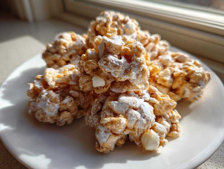 A pile of golden brown avalanche cookies dusted with powdered sugar, sitting on a white plate near a window.