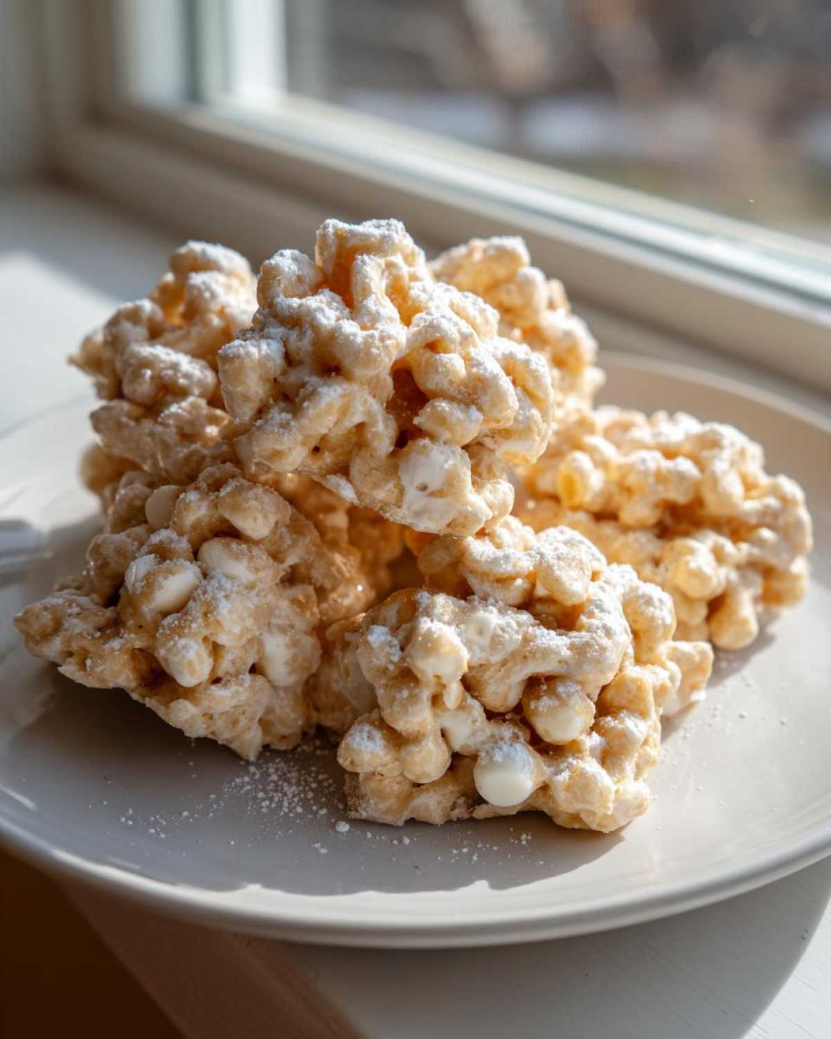 A stack of homemade avalanche cookies dusted with powdered sugar sitting on a light plate near a window.