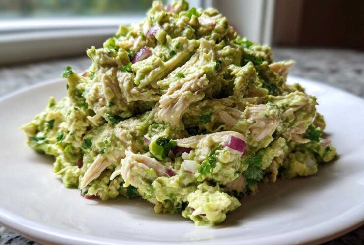 A generous mound of creamy avocado chicken salad mixed with shredded chicken, red onion, and cilantro on a white plate.