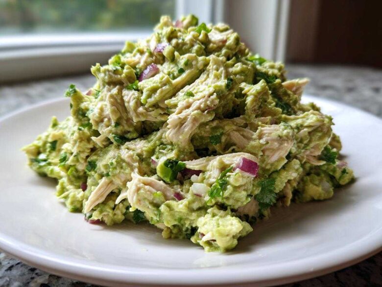 A generous mound of creamy avocado chicken salad mixed with shredded chicken, red onion, and cilantro on a white plate.