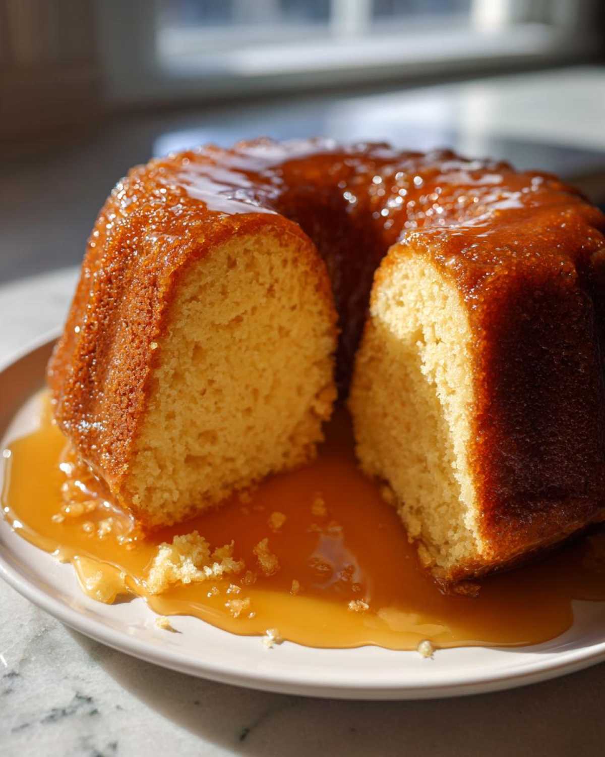A slice cut from a Bacardi rum cake, richly covered in a shiny, amber glaze pooling on a white plate.