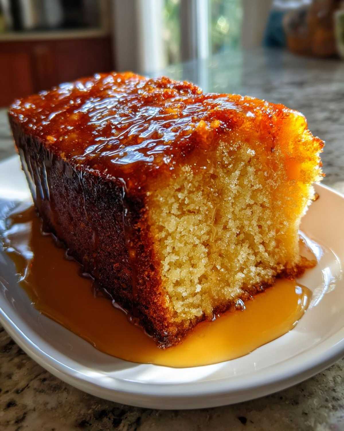 A moist slice of Bacardi rum cake generously covered in a glistening, amber-colored rum glaze, sitting on a white plate.